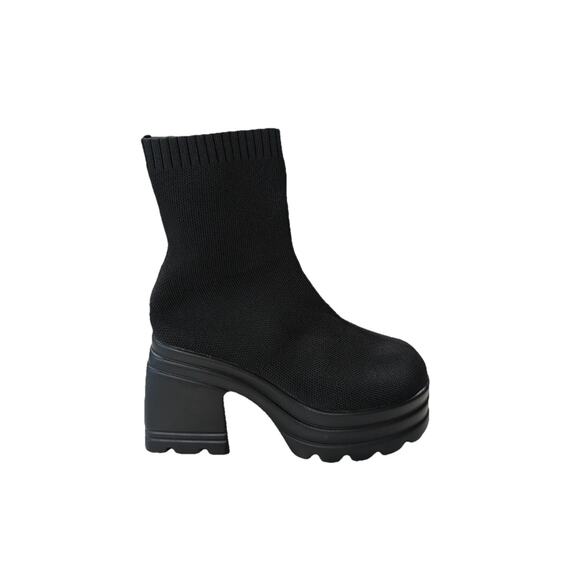 NWOB Women's US 7.5 Chunky Block Heel Sock Boots Y2K Platform Black Mesh Knit - Picture 1 of 10